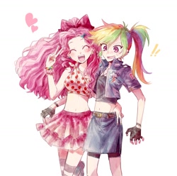 Size: 1300x1292 | Tagged: safe, artist:suansuan_33, pinkie pie, rainbow dash, human, g4, ^^, alternate hairstyle, bare shoulders, belly button, belt, bracelet, clothes, cute, dashabetes, diapinkes, duo, duo female, ear piercing, earring, exclamation point, eyes closed, female, fingerless gloves, gloves, heart, humanized, jewelry, lesbian, mare, midriff, open mouth, open smile, peace sign, piercing, ship:pinkiedash, shipping, simple background, skirt, smiling, sweat, white background