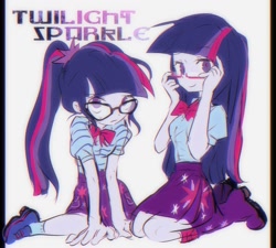 Size: 2007x1808 | Tagged: safe, artist:suansuan_33, sci-twi, twilight sparkle, human, equestria girls, g4, my little pony equestria girls: better together, chromatic aberration, clothes, duo, duo female, female, glasses, looking at you, simple background, sitting, skirt, twolight, white background