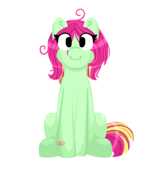 Size: 1347x1545 | Tagged: safe, artist:lindasaurie, derpibooru exclusive, oc, oc only, oc:strawi dinosaur, earth pony, pony, 2023 community collab, derpibooru community collaboration, bandaid, earth pony oc, eye clipping through hair, female, lineless, mare, ponysona, simple background, sitting, smiling, solo, transparent background