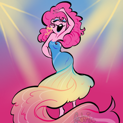Size: 2000x2000 | Tagged: safe, artist:carconutty, pinkie pie, human, equestria girls, g4, alternate hairstyle, armpits, bare shoulders, barefoot, clothes, dancing, dress, ear piercing, earring, eyes closed, eyeshadow, feet, female, high res, jewelry, makeup, open mouth, piercing, sleeveless, solo, strapless