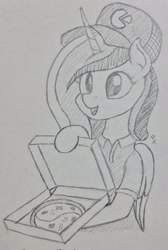 Size: 1380x2048 | Tagged: safe, artist:mkogwheel, princess cadance, alicorn, pony, g4, cadance's pizza delivery, clothes, female, food, grayscale, hoof hold, mare, monochrome, pencil drawing, pizza, pizza box, traditional art, uniform