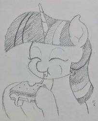 Size: 1659x2048 | Tagged: safe, artist:mkogwheel, twilight sparkle, pony, unicorn, g4, bust, cute, eating, female, grayscale, hoof hold, mare, monochrome, pencil drawing, s'mores, smiling, solo, traditional art, twiabetes, unicorn twilight