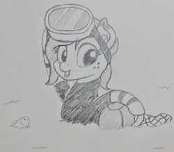 Size: 2048x1796 | Tagged: safe, artist:mkogwheel, oc, oc only, oc:gyuri, earth pony, fish, pony, dive mask, female, freckles, goggles, grayscale, mare, monochrome, open mouth, open smile, pencil drawing, smiling, solo, traditional art, water