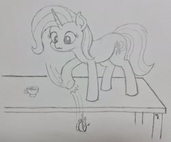 Size: 2048x1708 | Tagged: safe, artist:mkogwheel, trixie, pony, unicorn, g4, :3, behaving like a cat, cup, female, grayscale, inconvenient trixie, mare, monochrome, pencil drawing, solo, table, teacup, that pony sure does love teacups, traditional art