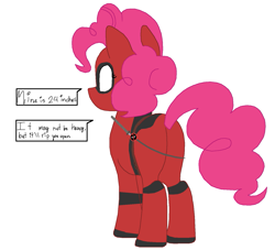 Size: 1505x1369 | Tagged: safe, artist:scootaloormayfly, pinkie pie, earth pony, pony, g4, butt, cosplay, costume, deadpool, marvel, pinkiepool, pixel art, plot, simple background, solo, speech bubble, sword, text, weapon, white background, white eyes