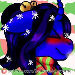 Size: 500x500 | Tagged: safe, artist:trr_bc, oc, oc:alethila, pony, unicorn, advertisement, blue fur, breath, breathing, christmas, clothes, cold, female, hair up, holiday, horn, patreon, patreon logo, patreon preview, patreon reward, profile picture, purple hair, scarf, snow, snowfall, snowflake, solo, unicorn oc, winter, winter outfit