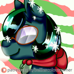 Size: 500x500 | Tagged: safe, artist:trr_bc, oc, oc only, oc:raymond, earth pony, pony, advertisement, breath, breathing, brown mane, bust, christmas, clothes, cold, earth pony oc, glasses, green fur, holiday, male, patreon, patreon logo, patreon preview, patreon reward, profile picture, purple eyes, scarf, snow, snowfall, snowflake, solo