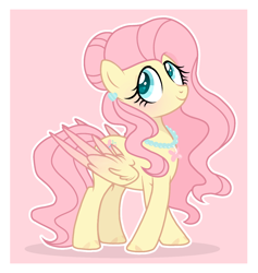 Size: 1080x1141 | Tagged: dead source, safe, artist:cstrawberrymilk, fluttershy, pegasus, pony, g4, alternate design, alternate hairstyle, colored wings, crossed hooves, cute, ear piercing, earring, female, hair bun, jewelry, looking away, looking up, mare, necklace, outline, partially open wings, passepartout, piercing, pink background, shyabetes, simple background, smiling, solo, standing, three quarter view, two toned wings, white outline, wings