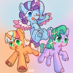Size: 3543x3543 | Tagged: safe, artist:cro, glory (g5), peach fizz, seashell (g5), earth pony, pegasus, pony, unicorn, g5, bow, cute, female, filly, foal, glorydorable, happy, high res, hoof heart, one eye closed, open mouth, peachsweet, pippsqueak trio, pippsqueaks, shellabetes, tail, tail bow, trio, underhoof