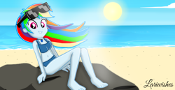 Size: 1980x1020 | Tagged: safe, artist:mlplary6, rainbow dash, human, equestria girls, g4, barefoot, beach, bikini, clothes, feet, female, glasses, looking at you, rock, smiling, smiling at you, sun, swimsuit