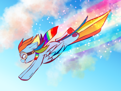 Size: 2224x1668 | Tagged: safe, artist:cozmicgalazy, rainbow dash, pegasus, pony, g4, clothes, cloud, colored hooves, colored underhoof, fanart, female, flying, goggles, grin, hoof heart, mare, rainbow scarf, rainbow trail, scarf, sky, smiling, solo, sparkles, tail, underhoof, windswept mane, windswept tail