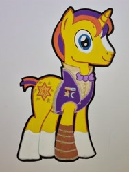 Size: 3024x4032 | Tagged: safe, artist:magicnova, derpibooru exclusive, oc, oc:starfire blaze, pony, unicorn, derpibooru community collaboration, amputee, blaze (coat marking), bowtie, clothes, coat markings, facial markings, horn, looking at you, male, medals, offspring, parent:starlight glimmer, parent:sunburst, parents:starburst, prosthetic leg, prosthetic limb, prosthetics, simple background, smiling, smiling at you, socks (coat markings), solo, stallion, traditional art, unicorn oc, waistcoat, white background