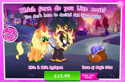 Size: 1960x1296 | Tagged: safe, gameloft, applejack, kirin, nirik, g4, my little pony: magic princess, advertisement, applejack's hat, cloven hooves, costs real money, cowboy hat, duality, english, fangs, female, fire, hat, horn, introduction card, kirin applejack, kirin-ified, magic coins, mane of fire, mobile game, numbers, sale, species swap, text