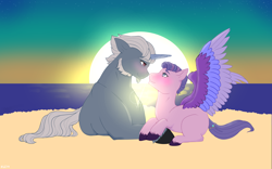 Size: 5000x3125 | Tagged: safe, artist:faeldra, alphabittle blossomforth, queen haven, pegasus, pony, unicorn, g5, beach, beard, colored wings, facial hair, female, goatee, looking at each other, looking at someone, male, mare, multicolored wings, ship:alphahaven, shipping, shipping fuel, spread wings, stallion, straight, sun, sunset, unshorn fetlocks, wings