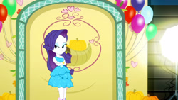 Size: 3072x1727 | Tagged: safe, screencap, rarity, human, a photo booth story, equestria girls, g4, my little pony equestria girls: summertime shorts, balloon, bare shoulders, bracelet, canterlot high, crossed arms, fall formal outfits, female, frown, high res, jewelry, sleeveless, solo