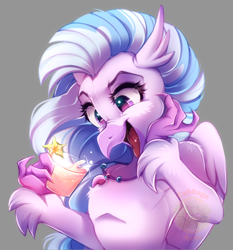 Size: 800x860 | Tagged: safe, artist:cabbage-arts, silverstream, classical hippogriff, hippogriff, g4, cute, diastreamies, drink, female, gray background, happy, jewelry, necklace, open mouth, open smile, simple background, smiling, solo