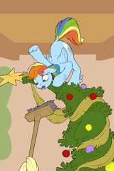 Size: 800x1200 | Tagged: safe, artist:gor1ck, fluttershy, rainbow dash, pegasus, pony, g4, advertisement, behaving like a cat, broom, christmas, christmas tree, commission, holiday, tree, wing hands, wing hold, wings, ych example, your character here