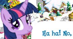 Size: 540x287 | Tagged: safe, gameloft, twilight sparkle, pony, g4, my little pony: magic princess, cropped, english, female, haha, jewelry, looking at you, mare, meme, reaction image, solo, speech bubble, text, tiara, wow! glimmer