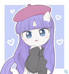 Size: 1800x1928 | Tagged: safe, artist:auntie_grub, rarity, pony, unicorn, g4, abstract background, beatnik rarity, beret, clothes, female, french rarity, hat, heart, horn, looking at you, mare, simple background, solo, sweater, white background