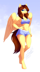 Size: 804x1443 | Tagged: safe, artist:scarlet-spectrum, oc, oc only, oc:lucy harmony, pegasus, anthro, unguligrade anthro, belly button, breasts, eyeshadow, female, makeup, pegasus oc, reasonably sized breasts, solo