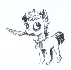 Size: 636x624 | Tagged: safe, artist:adeptus-monitus, oc, oc only, earth pony, pony, earth pony oc, flashlight (object), knife, monochrome, mouth hold, simple background, solo, traditional art, white background