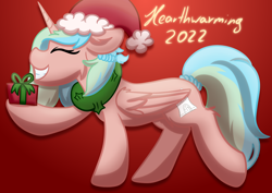 Size: 3508x2480 | Tagged: safe, artist:exobass, oc, oc:hammonia, alicorn, pony, alicorn oc, christmas, eyes closed, female, grin, hamburg, hat, high res, holiday, horn, mare, mascot, meetup, present, santa hat, smiling, solo, wings