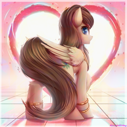 Size: 2000x2000 | Tagged: safe, artist:adagiostring, oc, oc only, oc:oasis (renix), pegasus, pony, accessory, brown mane, commission, cute, female, heart, high res, looking at you, love, mare, metal, pegasus oc, shocked, solo, standing, ych result