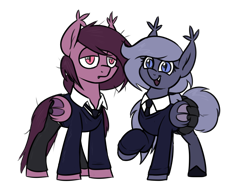 Size: 1478x1128 | Tagged: safe, artist:moonatik, oc, oc:pocarona, oc:selenite, bat pony, pony, bat pony oc, brother and sister, clothes, colt, cute, female, filly, foal, male, messy, messy mane, necktie, pants, school uniform, shirt, siblings, simple background, skirt, sweater, tail, tail bun, transparent background, twins, younger