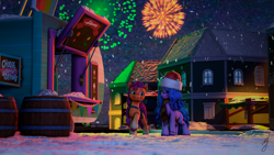 Size: 3840x2160 | Tagged: safe, artist:retro0range, izzy moonbow, sunny starscout, earth pony, pony, unicorn, g5, 3d, barrel, christmas, female, fireworks, hat, hearth's warming eve, high res, holiday, looking at each other, looking at someone, mare, maretime bay, night, raised hoof, santa hat, smiling, snow, source filmmaker, unshorn fetlocks