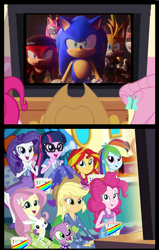 Size: 1122x1760 | Tagged: safe, angel bunny, applejack, fluttershy, pinkie pie, rainbow dash, rarity, sci-twi, spike, spike the regular dog, sunset shimmer, twilight sparkle, cyborg, dog, echidna, fox, hedgehog, human, rabbit, equestria girls, g4, amy rose, animal, humane five, humane seven, humane six, knuckles the echidna, male, meme, miles "tails" prower, netflix, renegade knucks, rusty rose, sonic prime, sonic the hedgehog, sonic the hedgehog (series), tails nine