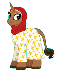 Size: 2868x3644 | Tagged: safe, artist:queertrixie, oc, oc:brahma blues, pony, unicorn, clothes, dress, eyeshadow, female, high res, hijab, makeup, mare, outline, simple background, solo, transparent background, unshorn fetlocks