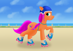 Size: 3508x2480 | Tagged: safe, artist:samenandsam, sunny starscout, earth pony, pony, g5, my little pony: a new generation, female, helmet, high res, looking back, mare, roller skates, simple background, skating, smiling, solo