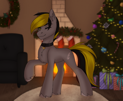 Size: 2111x1728 | Tagged: safe, alternate version, artist:enderbee, oc, oc only, oc:lightpeace, earth pony, pony, blurry background, carpet, chest fluff, christmas, christmas lights, christmas stocking, christmas tree, collar, colored, commission, ear fluff, fireplace, full body, holiday, hooves, multicolored hair, raised hoof, sketch, tree