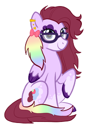 Size: 1988x2536 | Tagged: safe, artist:queertrixie, derpibooru exclusive, oc, oc:maiberry, 2023 community collab, derpibooru community collaboration, bow, ear piercing, earring, female, glasses, hair bow, jewelry, mare, multicolored hair, piercing, rainbow hair, raised hoof, simple background, sitting, solo, transparent background, unshorn fetlocks