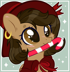 Size: 2634x2720 | Tagged: safe, artist:mint-light, artist:sarahsuresh-art, oc, oc only, oc:hazelnut brew, pegasus, pony, base used, blushing, bust, candy, candy cane, commission, ear piercing, earring, female, food, hat, high res, jewelry, pegasus oc, piercing, solo, witch, witch hat, ych result