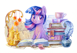 Size: 1448x1000 | Tagged: safe, artist:maytee, part of a set, twilight sparkle, alicorn, pony, g4, book, candle, cup, cute, feather, female, fire, folded wings, horn, inkwell, looking at you, mare, simple background, sitting, smiling, smiling at you, solo, stars, traditional art, twiabetes, twilight sparkle (alicorn), white background, wings