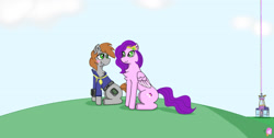 Size: 1641x828 | Tagged: safe, artist:nismorose, pipp petals, oc, oc:littlepip, pegasus, pony, unicorn, derpibooru, fallout equestria, g5, my little pony: a new generation, my little pony: tell your tale, adorapipp, belt, blue sky, blushing, chest fluff, clothes, cloud, colored wings, crown, cute, ear fluff, earth pony oc, fanfic, fanfic art, female, grass, grass field, heart, heart eyes, jacket, jewelry, lighthouse, link in description, mare, messy mane, meta, namesake, outdoors, pipception, pun, rainbow, regalia, smiling, story included, tags, two toned wings, visual pun, wingding eyes, wings, youtube, youtube link