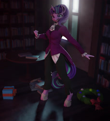 Size: 3227x3541 | Tagged: safe, artist:chyvak, snowfall frost, starlight glimmer, unicorn, anthro, unguligrade anthro, a hearth's warming tail, g4, 3d, blender, blender cycles, bookshelf, christmas wreath, female, hearth's warming, high res, solo, window, wreath