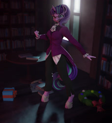 Size: 3227x3541 | Tagged: safe, alternate version, artist:chyvak, snowfall frost, starlight glimmer, unicorn, anthro, unguligrade anthro, a hearth's warming tail, g4, 3d, blender, blender cycles, bookshelf, female, glasses, hearth's warming, high res, solo