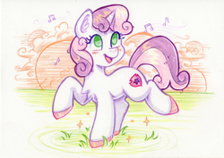 Size: 2076x1471 | Tagged: safe, artist:dandy, sweetie belle, pony, unicorn, g4, abstract background, blushing, chest fluff, colored pencil drawing, colored pupils, cute, diasweetes, ear fluff, female, filly, foal, grass, happy, horn, music notes, no pupils, open mouth, open smile, smiling, solo, standing on two hooves, traditional art, unshorn fetlocks