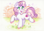 Size: 2076x1471 | Tagged: safe, artist:dandy, sweetie belle, pony, unicorn, g4, abstract background, blushing, chest fluff, colored pencil drawing, colored pupils, cute, diasweetes, ear fluff, female, filly, foal, grass, happy, horn, music notes, no pupils, open mouth, open smile, smiling, solo, standing on two hooves, traditional art, unshorn fetlocks