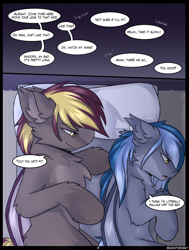 Size: 2500x3300 | Tagged: safe, artist:snowstormbat, oc, oc only, oc:arden heatwave, oc:midnight snowstorm, bat pony, pony, comic:old habits, bed, comic, dialogue, high res, male, siblings, size difference, stallion