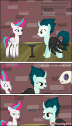Size: 2969x5158 | Tagged: safe, artist:frownfactory, zipp storm, oc, pegasus, pony, skeleton pony, undead, unicorn, g4, g5, my little pony: tell your tale, bone, bracelet, cloak, clothes, comic, curved horn, dialogue, female, grin, horn, jewelry, mare, shocked, skeleton, smiling, table, text, unicorn oc, vector, wings