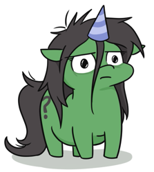 Size: 487x545 | Tagged: safe, artist:jargon scott, oc, oc only, oc:anon-mare, earth pony, pony, fat, female, floppy ears, frown, hat, mare, party hat, simple background, solo, squatpony, white background