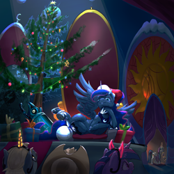 Size: 5002x5002 | Tagged: safe, artist:ciborgen, applejack, derpy hooves, princess celestia, princess luna, twilight sparkle, oc, alicorn, earth pony, pony, g4, absurd file size, absurd resolution, christmas, christmas tree, crossed legs, devil horns, fake horn, hat, holiday, horns, present, santa hat, throne, throne room, tree