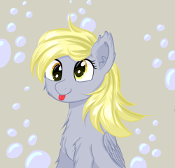 Size: 3228x3096 | Tagged: safe, artist:fa11en, derpy hooves, pegasus, pony, g4, :p, bubble, chest fluff, cute, derpabetes, female, high res, mare, solo, tongue out