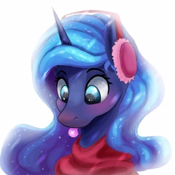 Size: 2944x2949 | Tagged: safe, artist:ryanmandraws, princess luna, alicorn, pony, :p, blushing, bust, catching snowflakes, christmas, clothes, cute, earmuffs, ethereal mane, female, holiday, lunabetes, mare, mlem, portrait, scarf, silly, snow, snowfall, snowflake, solo, tongue out, winter