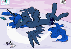 Size: 1418x976 | Tagged: safe, artist:sallycars, princess luna, alicorn, pony, cellphone, doll, female, helluva boss, loona (helluva boss), lying down, mare, messy mane, missing accessory, ms paint, on back, on floor, phone, solo, toy, wing hands, wings