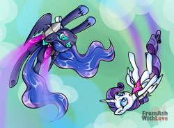 Size: 1038x770 | Tagged: safe, artist:loverashley, princess luna, rarity, alicorn, pony, g4, alicornified, blushing, clothes, cloud, duo, duo female, female, flying, jetpack, leotard, open mouth, race swap, raricorn, rarity is not amused, unamused