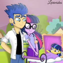 Size: 1100x1100 | Tagged: safe, artist:mlplary6, flash sentry, sci-twi, twilight sparkle, oc, oc:star sparkle, human, equestria girls, g4, baby, baby carriage, crying, family, female, husband and wife, male, mama twilight, newborn, offspring, parent:flash sentry, parent:twilight sparkle, parents:flashlight, parents:sciflash, ship:flashlight, ship:sci-flash, shipping, smiling, straight, tears of joy